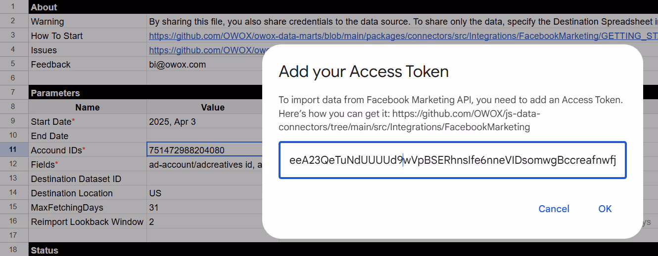 Access token input popup in Google Sheets prompting users to paste the Facebook Marketing API token. i-shadow
