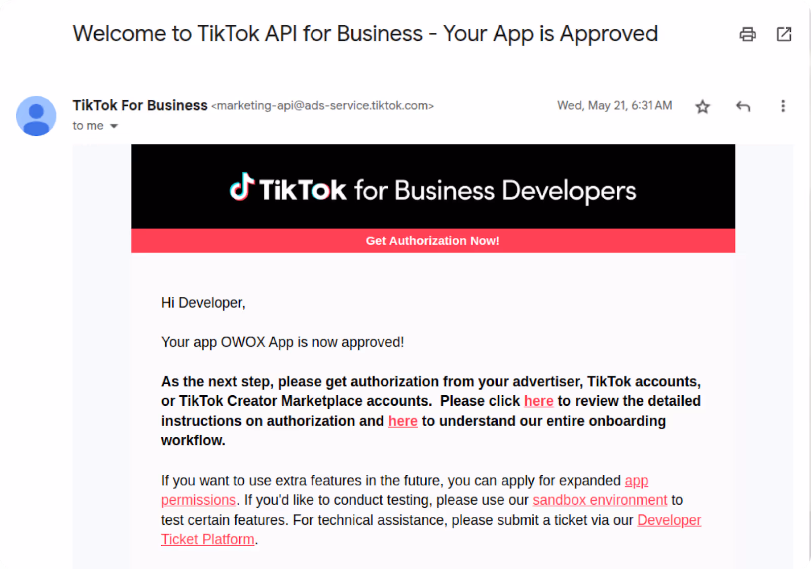 Email from TikTok confirming the OWOX app is approved with instructions for next steps and helpful links. i-shadow i-radius