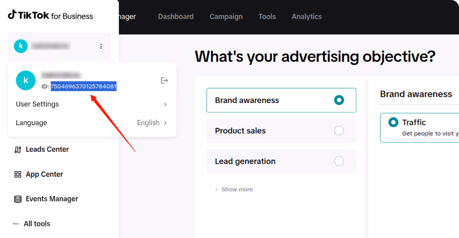 Viewing the TikTok Advertiser ID under the user profile in the TikTok Ads dashboard. i-shadow i-radius