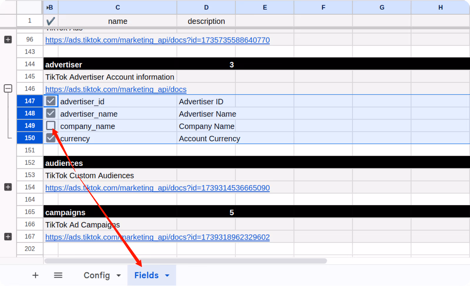 Selecting specific advertiser fields in the "Fields" tab of the TikTok Ads connector sheet. i-shadow i-radius
