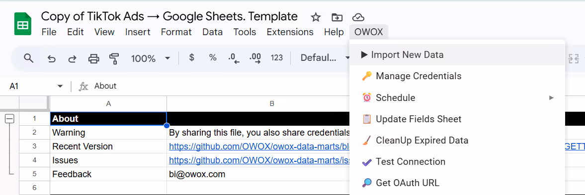 Google Sheets interface showing a TikTok Ads to Google Sheets connector with the "Import New Data" option selected from the OWOX menu. i-shadow