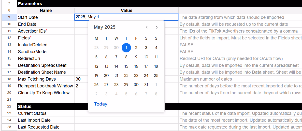 Selecting the start date from a calendar dropdown in the "Start Date" parameter of a TikTok Ads connector sheet. i-shadow i-radius