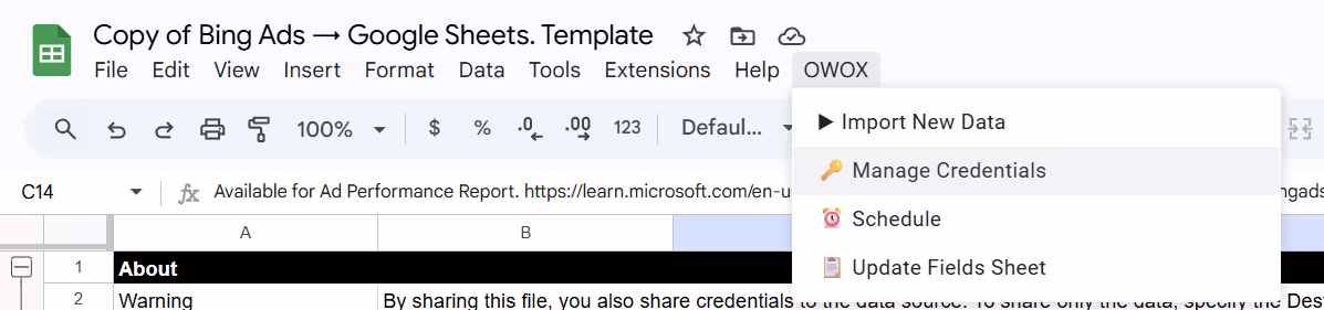 Google Sheets with the OWOX menu open and "Manage Credentials" option highlighted to input Microsoft Ads API details. i-shadow