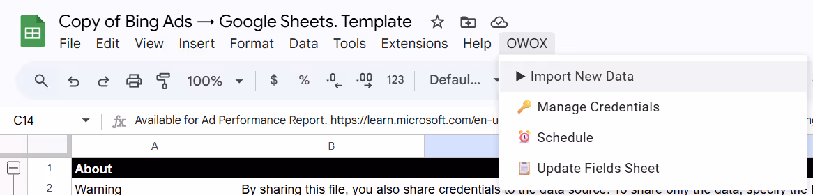 Google Sheets with the OWOX menu expanded and "Import New Data" option highlighted to start Microsoft Ads data import. i-shadow