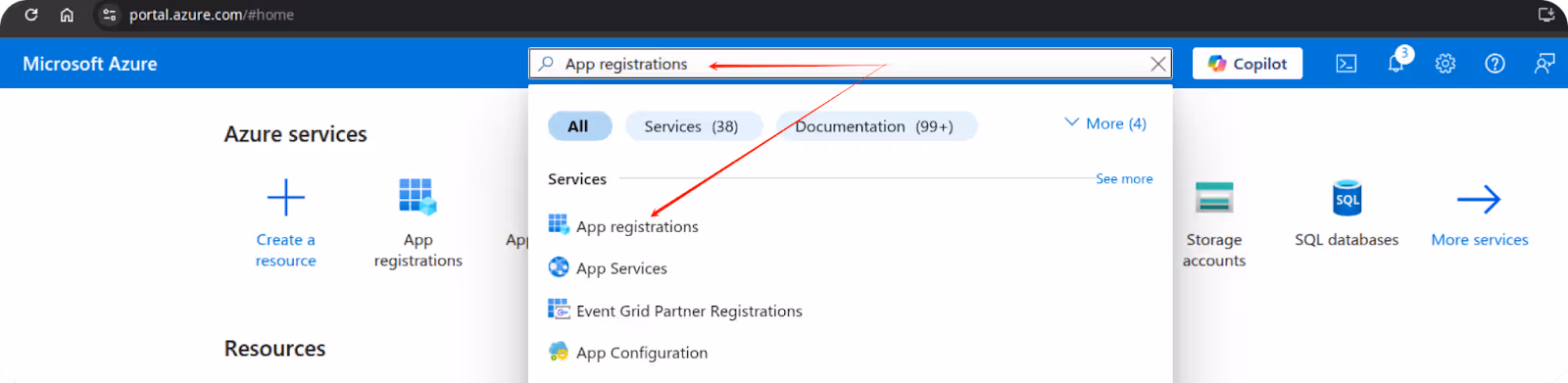 Azure Portal with “App registrations” selected from the service list. i-shadow i-radius