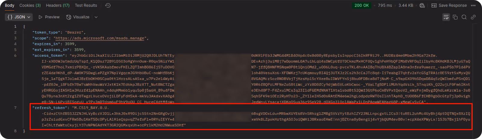 Bing Ads API response showing refresh token for Microsoft Ads authentication. i-shadow i-radius