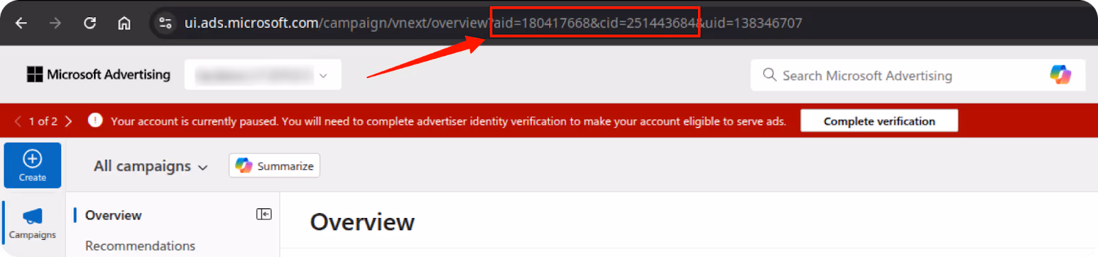 Microsoft Ads account URL showing Account ID and Customer ID highlighted. i-shadow i-radius