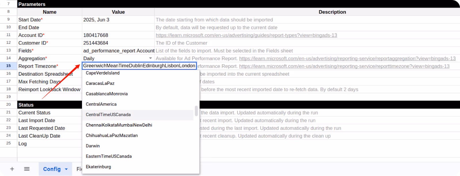 Report Timezone dropdown in Settings sheet showing selected timezone for Microsoft Ads. i-shadow i-radius
