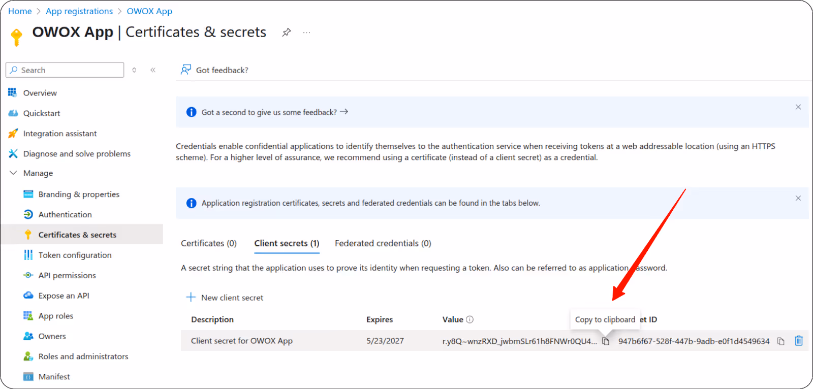 Microsoft Azure panel with “New client secret” form filled and copy button highlighted. i-shadow i-radius
