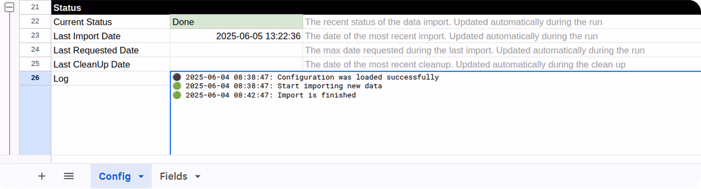 Config sheet in OWOX Connector Template in Google Sheets displaying log entries confirming Microsoft Ads data import is finished. i-shadow i-radius