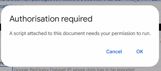 Google Sheets pop-up message showing “Authorisation required” prompting the user to grant script permission to run. i-shadow