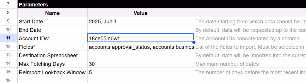 Account ID field populated with Twitter Ad Account ID inside the OWOX Twitter Marketing Sheet. i-shadow
