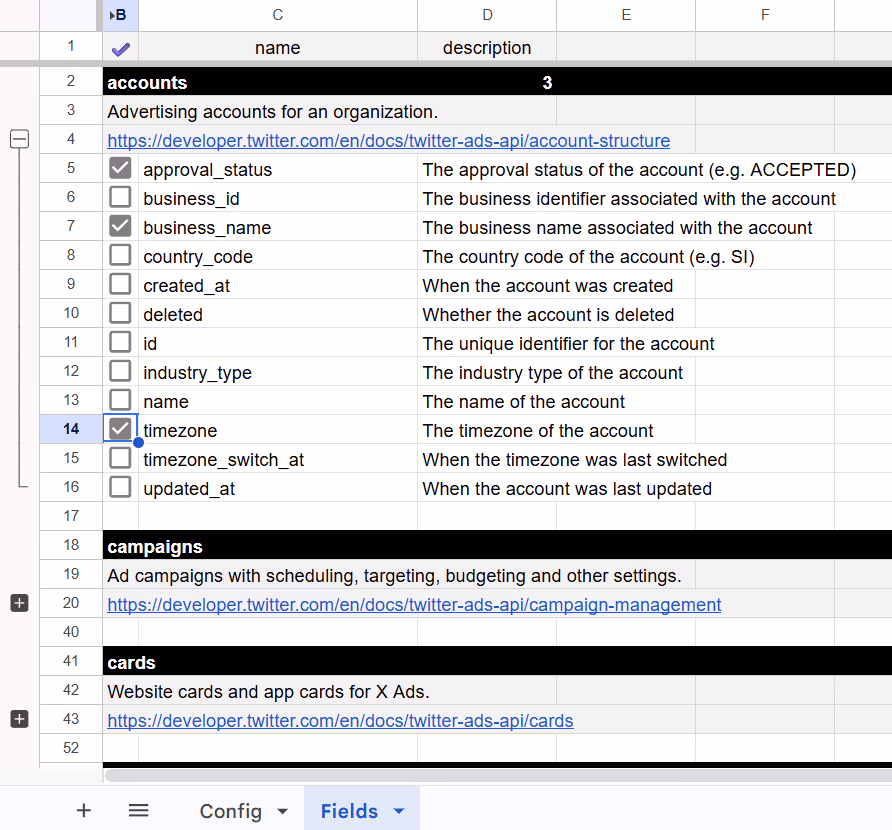 Selecting specific advertiser fields in the "Fields" tab of the Twitter Ads connector sheet. i-shadow
