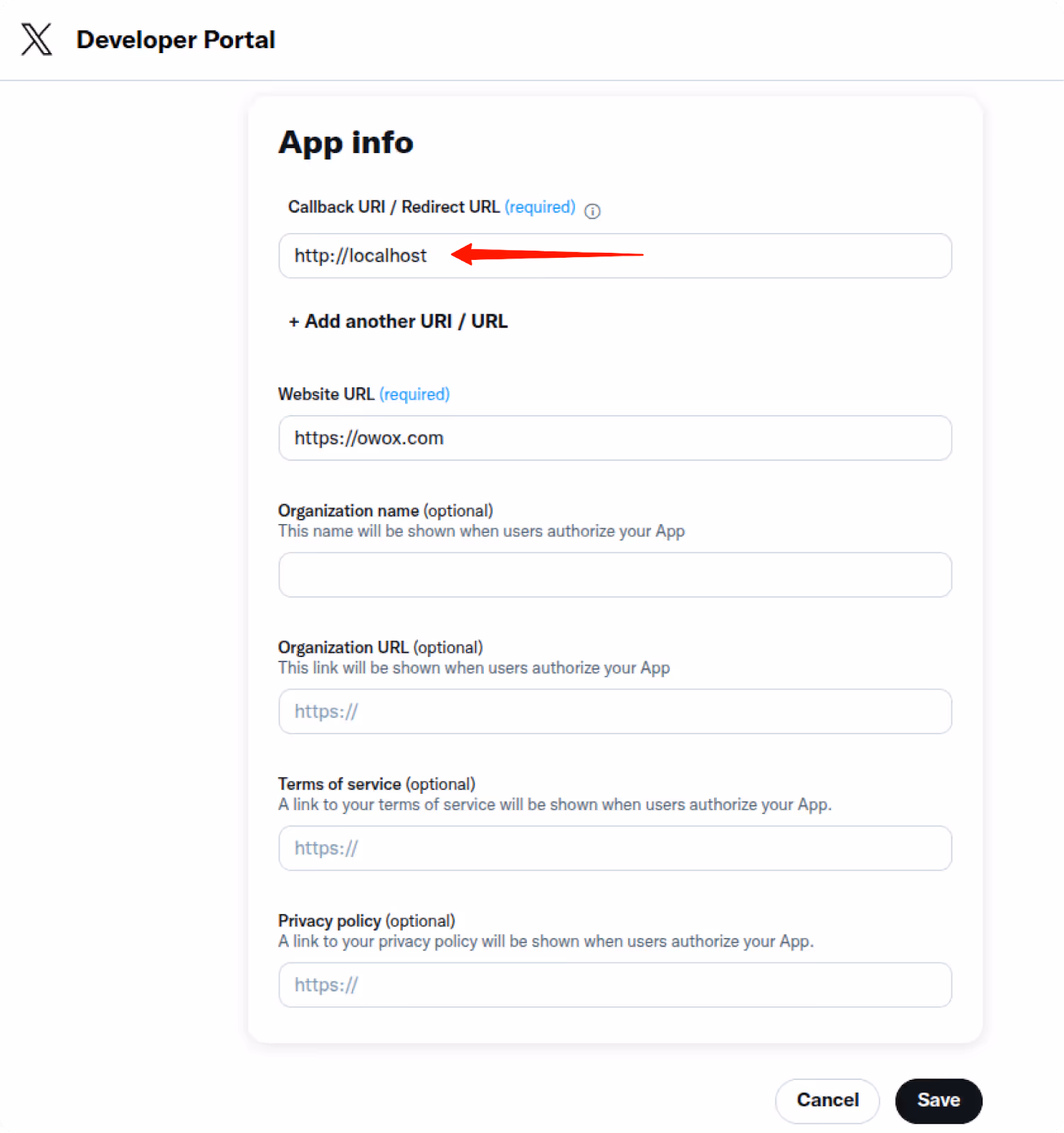 App info configuration in the X Developer Portal with the Callback URI for OAuth setup. i-shadow