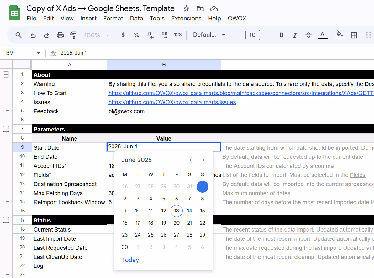 Date picker used to set the Start Date for importing Twitter Ads data in the OWOX Google Sheet template. i-shadow