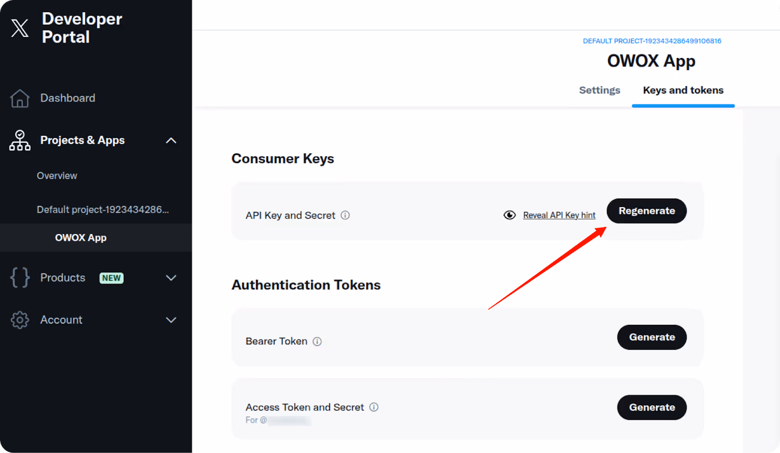 Keys and tokens screen in the X Developer Portal showing options to regenerate API Key and generate Access Token. i-shadow i-radius