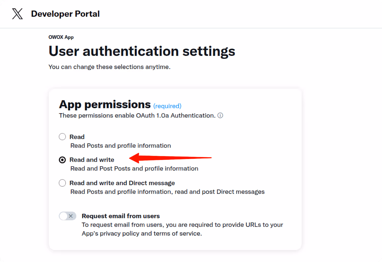 User authentication settings in the X Developer Portal showing the selected "Read and write" app permission. i-shadow