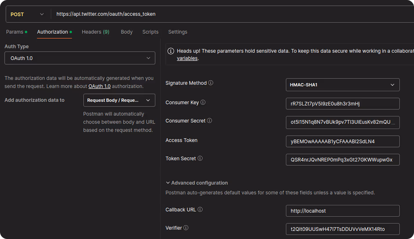 Postman configuration for making an access token request to the X Ads API with OAuth 1.0, including verifier and callback URL. i-shadow i-radius