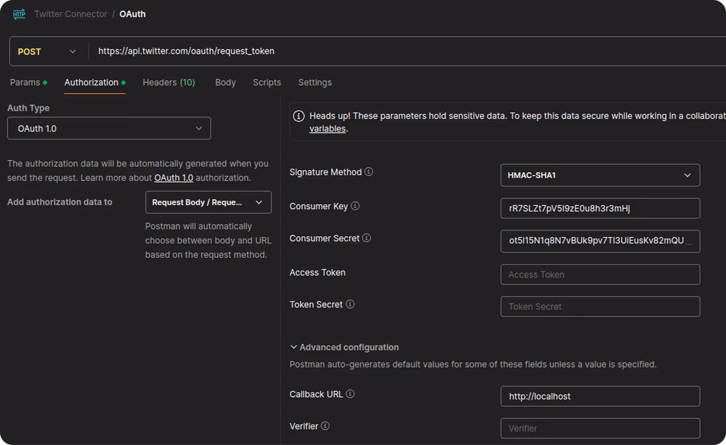 Postman configuration screen for sending a request token to the X Ads API using OAuth 1.0 with consumer key, secret, and callback URL. i-shadow i-radius
