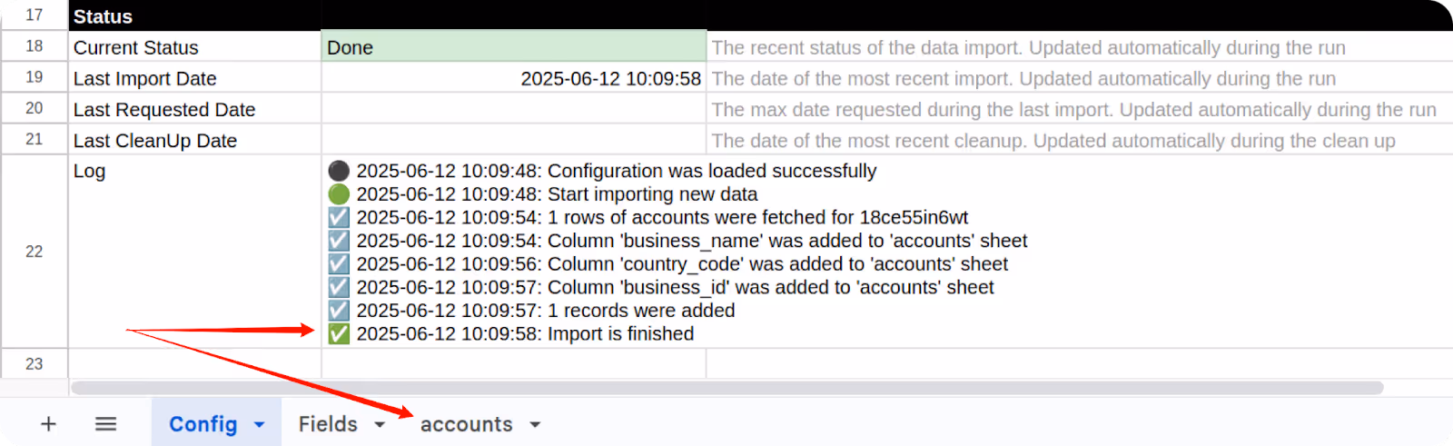 Google Sheet showing import log with “Import is finished” and new "accounts" tab created. i-shadow i-radius