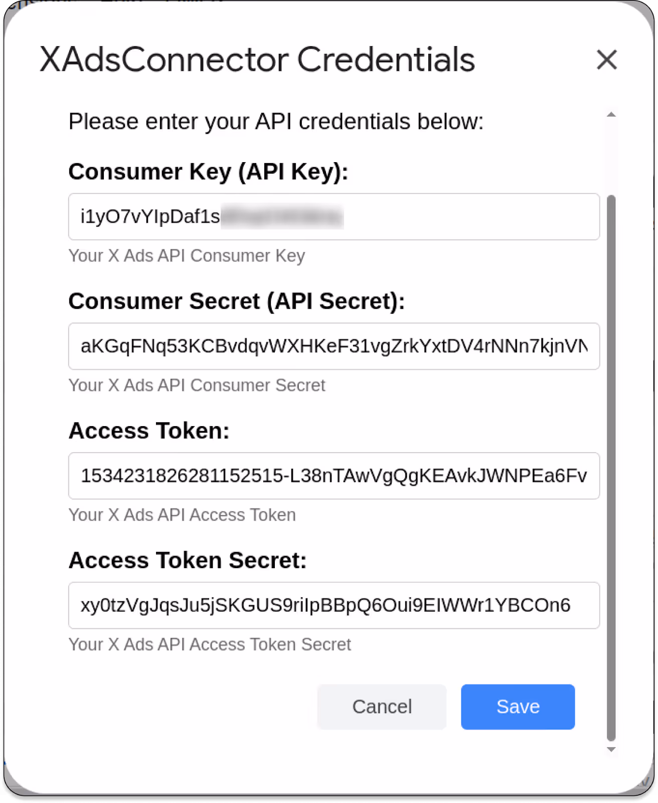 X Ads Connector credentials form showing input fields for API Key, API Secret, Access Token, and Access Token Secret with a Save button. i-shadow i-radius