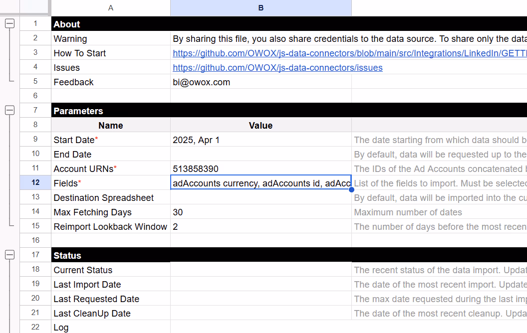 Fields section in LinkedIn Ads connector template showing multiple selected fields in the Config sheet. i-shadow
