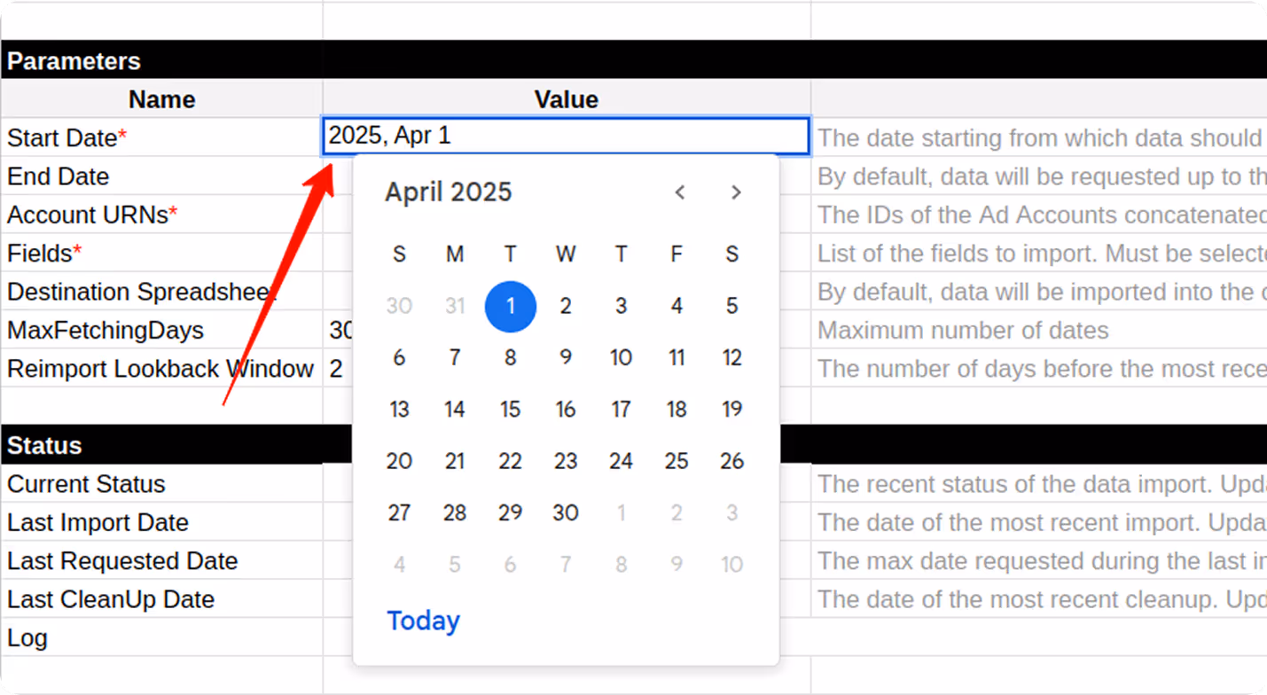 Date input field to configure the Start Date for LinkedIn Ads data import in the OWOX Sheets template. i-shadow