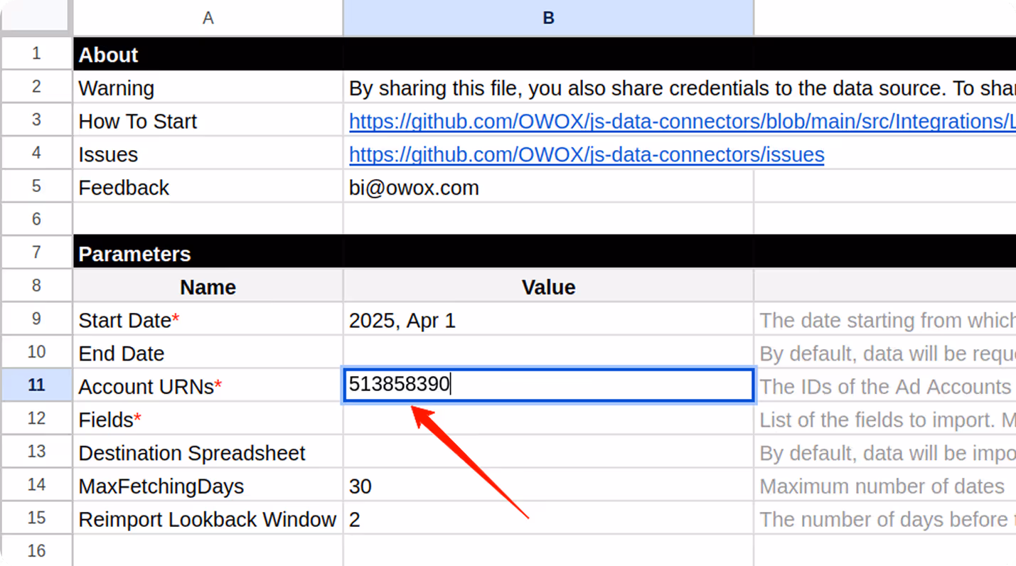 Config tab with the Account URNs field filled for LinkedIn Ads account. i-shadow