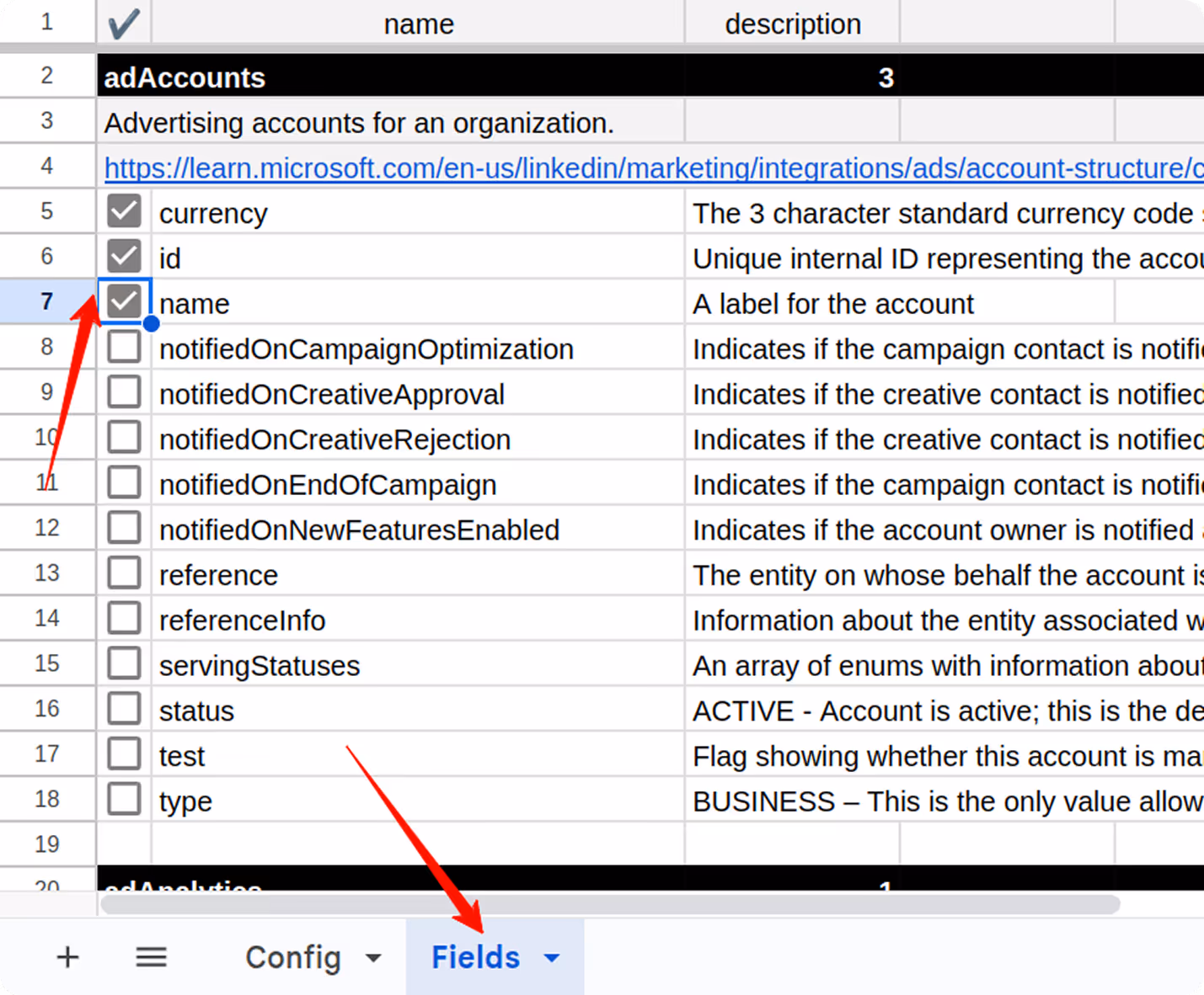 Fields tab in the LinkedIn Ads connector showing available data fields and selection checkboxes. i-shadow