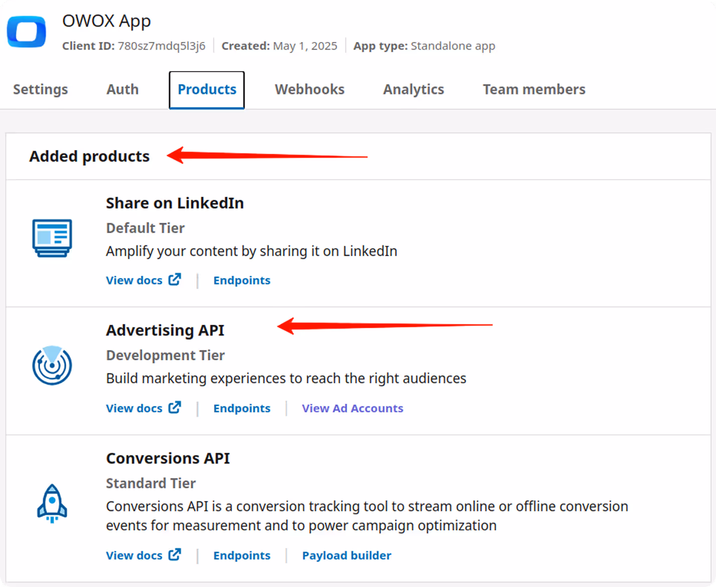 LinkedIn Developer Products tab showing "Advertising API" listed under Added Products. i-shadow i-radius