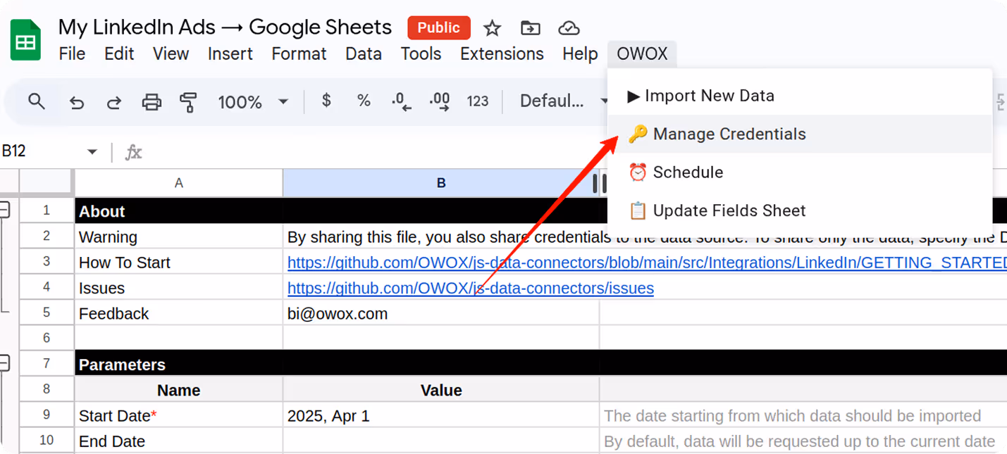 OWOX menu in Google Sheets showing the “Manage Credentials” option selected to input LinkedIn Ads access token. i-shadow i-radius
