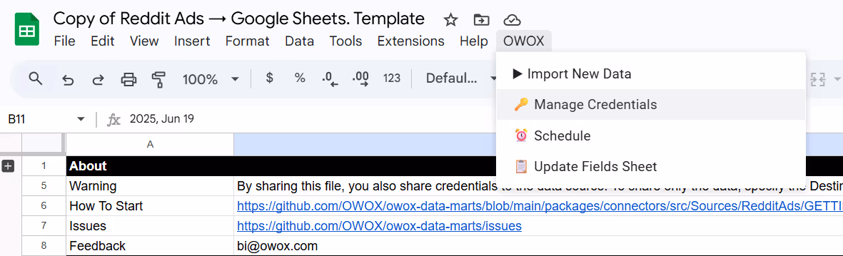 Google Sheets menu showing OWOX extension with the “Manage Credentials” option highlighted.   i-shadow