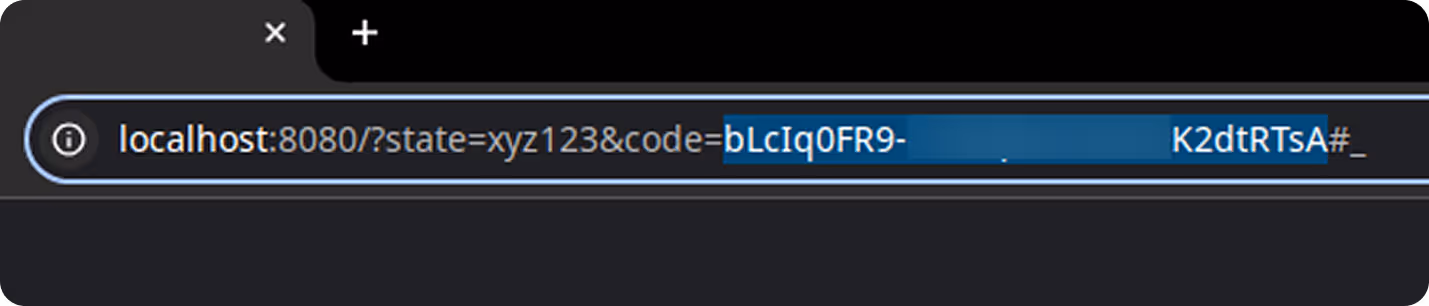 Browser address bar showing localhost URL with a state parameter and an authorization code highlighted after successful Reddit OAuth login. i-shadow i-radius
