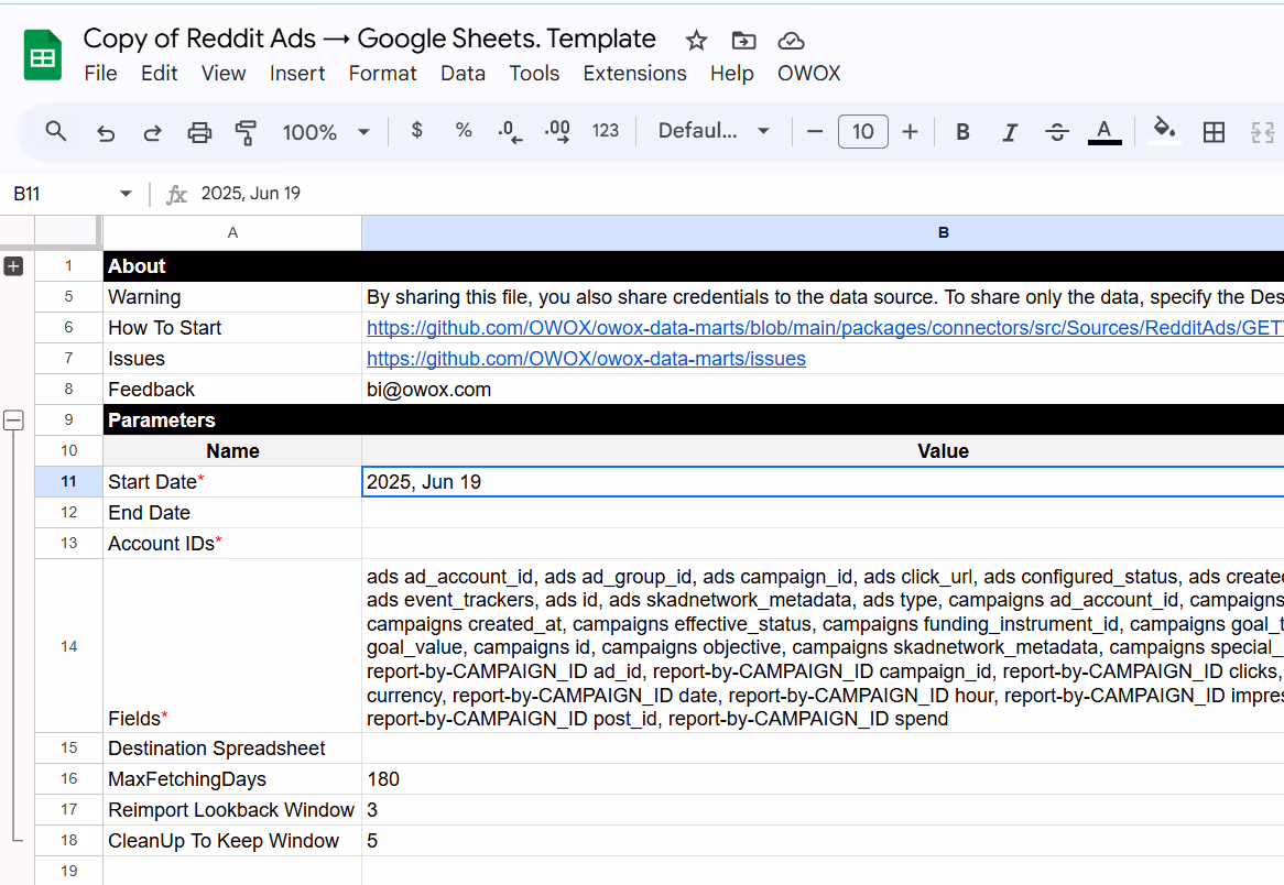 Date picker used to set the Start Date for importing Reddit Ads data in the OWOX Google Sheets template. i-shadow
