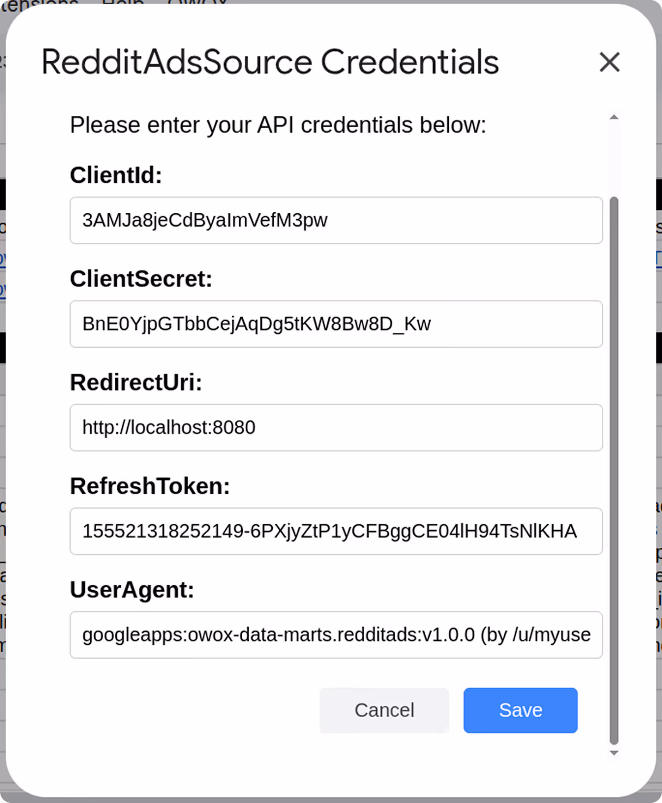 Reddit Ads Connector credentials form showing input fields for ClientID, ClientSecret, RedirectUri, RefreshToken, and UserAgent with a Save button. i-shadow i-radius