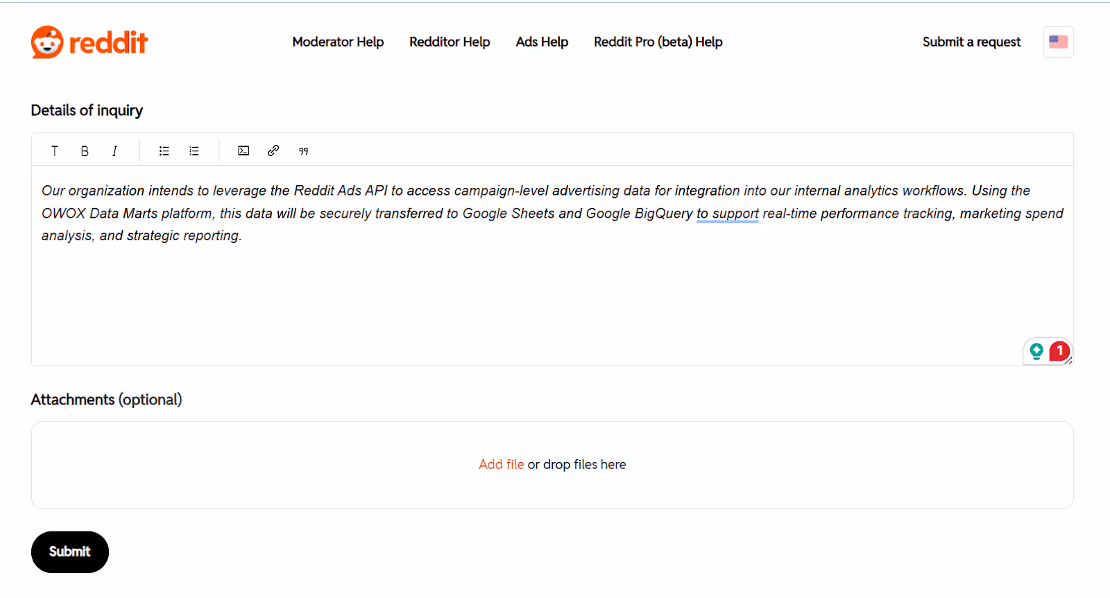 Reddit support form showing a detailed inquiry about using Reddit Ads API with OWOX Data Marts to transfer ad data into Google Sheets and BigQuery. i-shadow i-radius