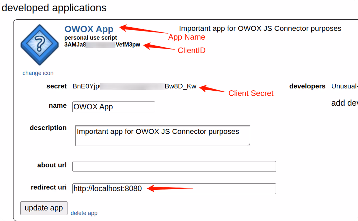 Reddit app details page displaying the App Name, Client ID, Client Secret, and Redirect URI, with red annotations identifying each field. i-shadow i-radius