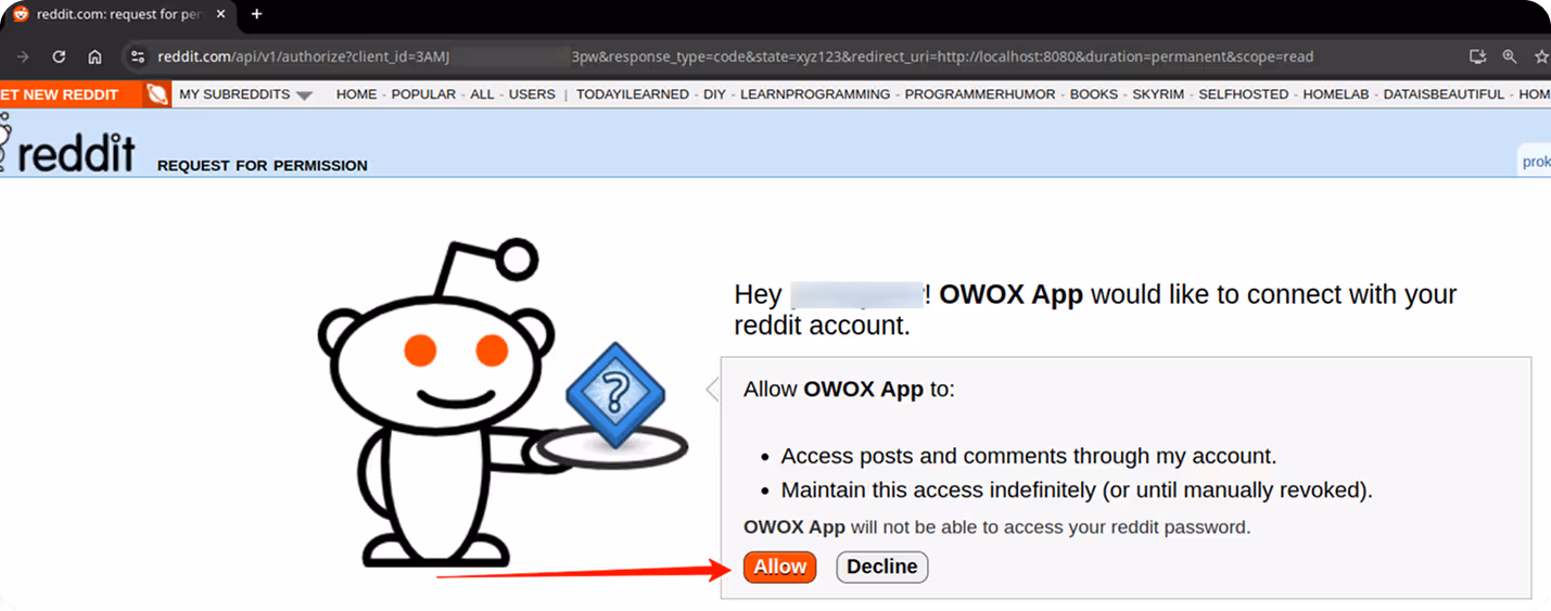 Reddit authorization screen showing OWOX App requesting permission to access the user's posts and comments with options to "Allow" or "Decline." i-shadow i-radius