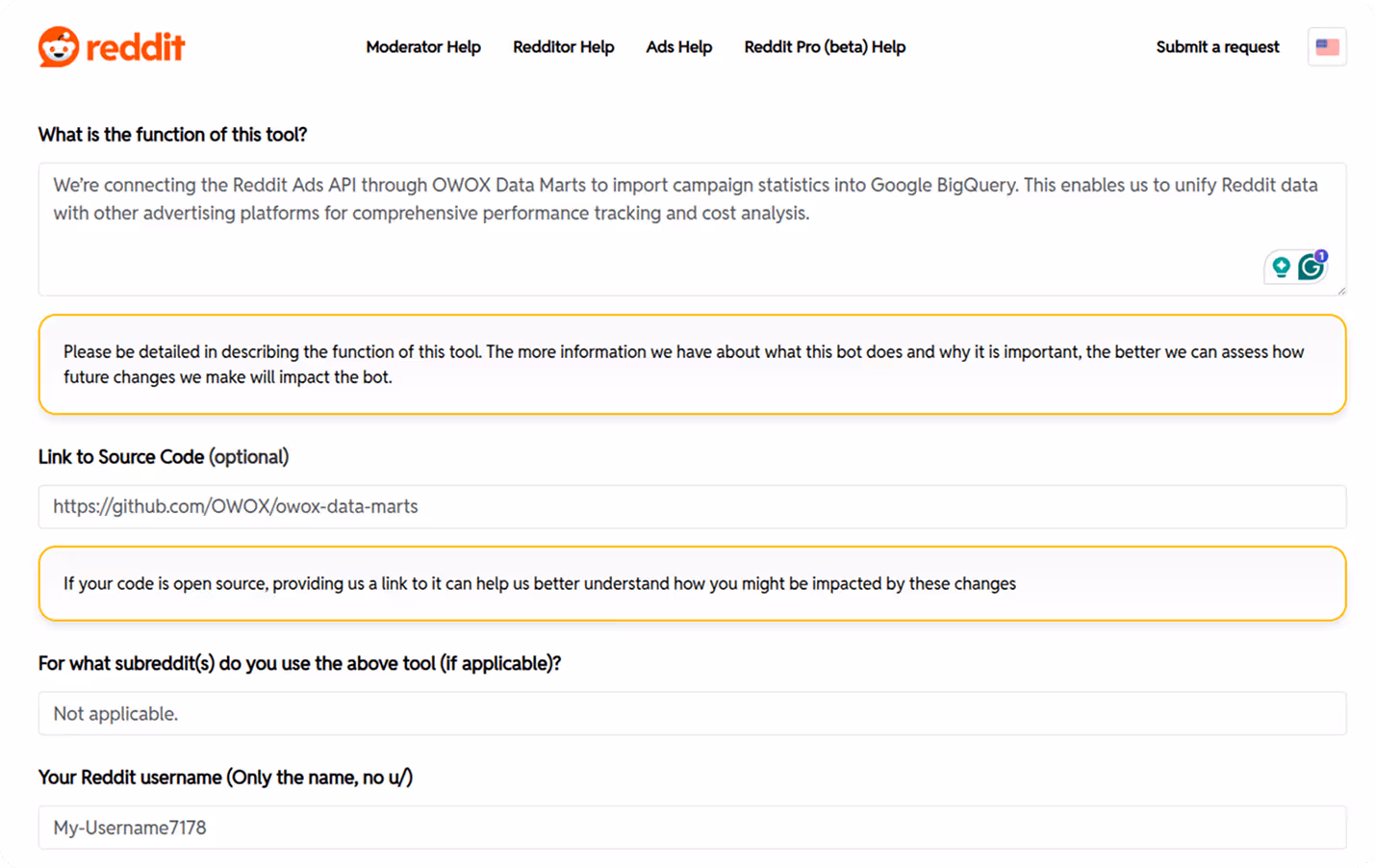 Reddit API request form section showing filled fields for tool function description, GitHub source code link, subreddit usage, and Reddit username. i-shadow i-radius