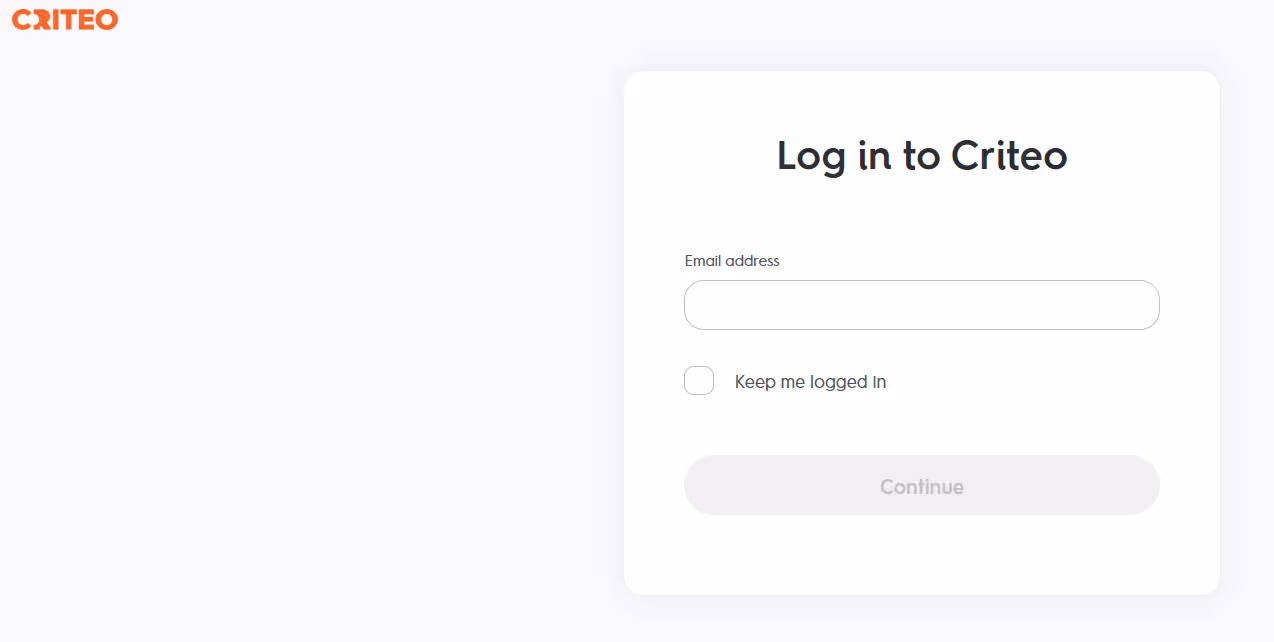 Criteo login screen with fields to enter email address and option to stay logged in. i-shadow