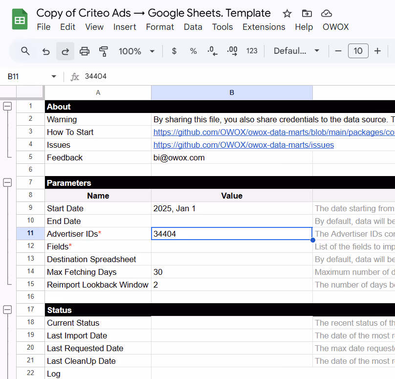 Config sheet showing populated Criteo Account ID field in the OWOX Criteo Ads template. i-shadow