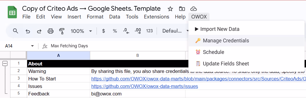 Google Sheets menu with the “Manage credentials” option highlighted under the OWOX tab. i-shadow