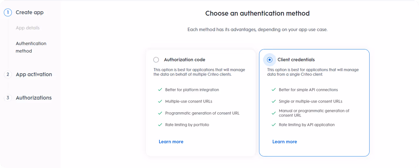 Authentication method screen showing Client Credentials selected for the Criteo app. i-shadow i-radius