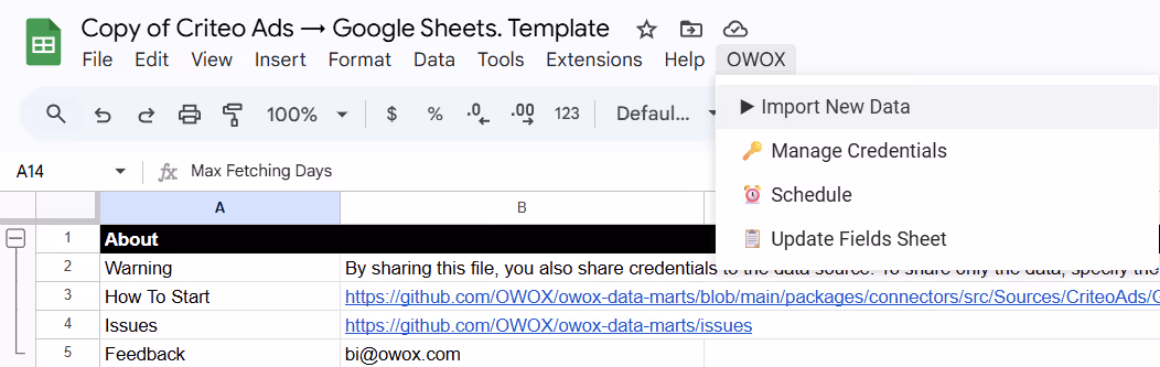 Google Sheets menu showing the “Import New Data” option under the OWOX tab. i-shadow