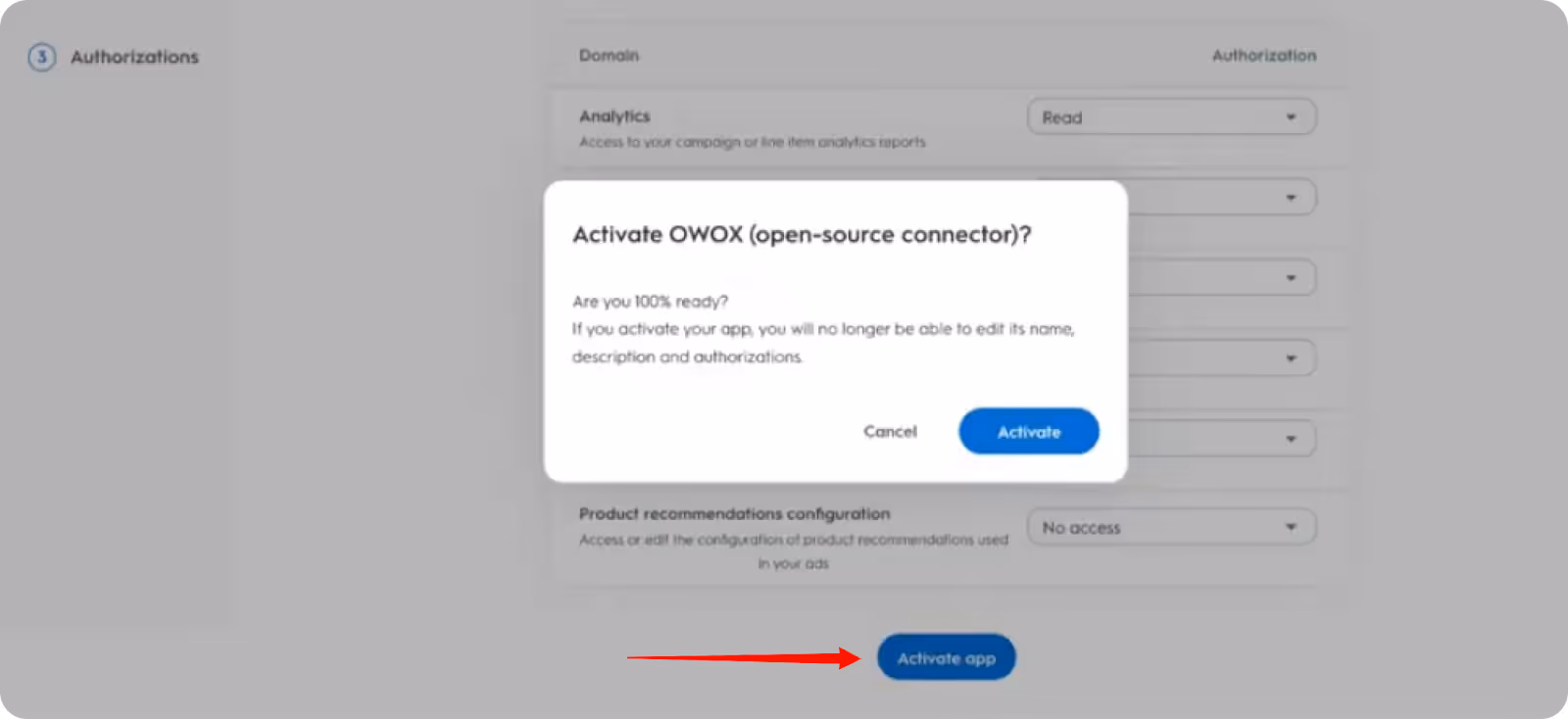 Activation confirmation screen for Criteo app with "Activate" button highlighted. i-shadow i-radius