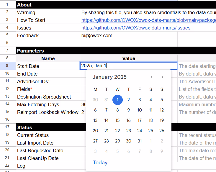 Date picker used to set the Start Date for importing Criteo Ads data in the OWOX Google Sheet template. i-shadow