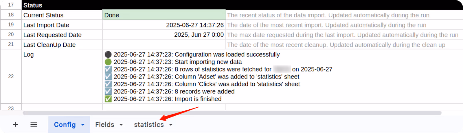 Log sheet confirming successful Criteo Ads import with “Import is finished” message. i-shadow i-radius