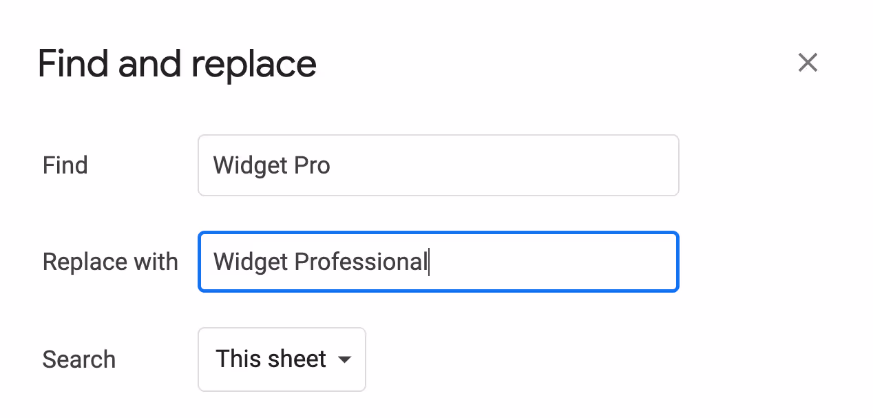 Google Sheets Find and Replace dialog showing “Widget Professional” typed in the Replace with field. i-shadow