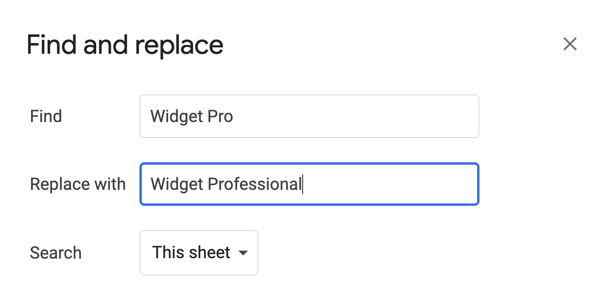 Google Sheets Find and Replace dialog showing “Widget Professional” typed in the Replace with field. i-shadow