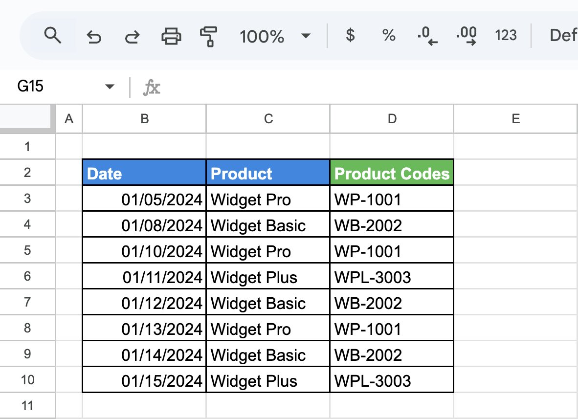 Dataset showing outdated product codes before using Find and Replace to update values across the sheet. i-shadow